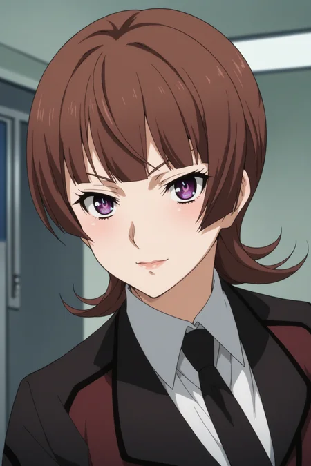 kazari asami, brown eyes, purple eyes, uniform, suit, military uniform, purple uniform, dark brown uniform, white shirt, collared shirt, jacket, closed jacket, dark brown necktie, skirt, pencil skirt, beige pantyhose, black highheels, <lora:Asami_Kazari:0.8>, score_9, score_8_up, score_7_up, score_6_up, score_5_up, source_anime, rating_safe, medium breasts, indoors, police office, 1girl, solo, looking at viewer, <lora:age_slider_v4:3>, (upper body:1.3), standing, v-shaped eyes, dynamic pose