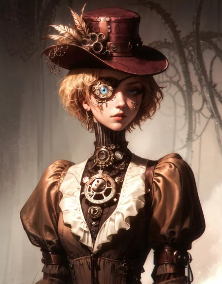 score_9, score_8_up, score_7_up, score_6_up, score_5_up, score_4_up, solo, 1girl, hat, blonde hair, short hair, eyepatch, upper body, gears , concept art, realistic,