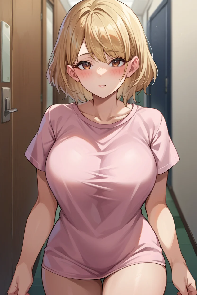 score_9, score_8_up, score_7_up, score_6_up, source_anime BREAK 1girl <lora:ashleygraham-pdxl-nvwls-v1-000005:1> reAshley, bangs, brown eyes, (big breasts:0.6), pink t-shirt, bottomless, no pants, hallway, looking at you, blush