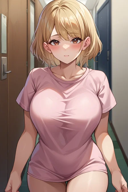 score_9, score_8_up, score_7_up, score_6_up, source_anime BREAK 1girl <lora:ashleygraham-pdxl-nvwls-v1-000005:1> reAshley, bangs, brown eyes, (big breasts:0.6), pink t-shirt, bottomless, no pants, hallway, looking at you, blush