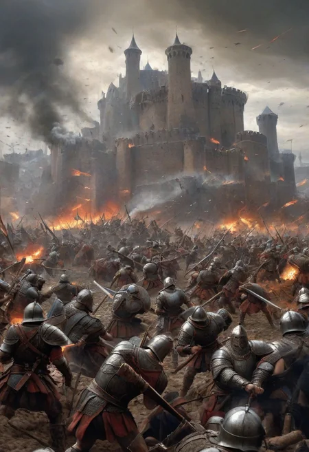 castle, Depict an intense and visceral fantasy battle scene from a close-up perspective of soldiers in combat. In the foreground, armored warriors clash with swords and shields, their faces etched with determination and grit. The ground is churned up with mud and fallen weapons, while banners of opposing factions wave defiantly in the background. The castle city stands in the distance, its imposing walls and towers partially obscured by the smoke of battle. Soldiers fight fiercely, their movements swift and powerful, creating a chaotic yet captivating tableau of warfare. The sounds of clashing metal and battle cries fill the air, adding to the sense of urgency and raw emotion in this epic confrontation