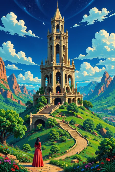 tower beautiful  landscape, noon, woman, very intricate, very detailed, sharp, bright, colorful, <lora:Hand v2:0.5> <lora:Anti-Blur:1><lora:Insane Detail Slider:0.25>  <lora:flux.1_lora_flyway_Epic-detail_v2:0.3> <lora:fluxenhancer:0.25> <lora:Anime_style:0.6> anime style