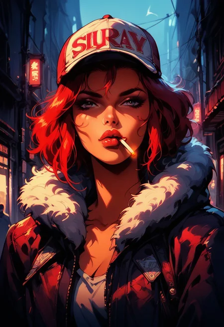 score_9, score_8_up, score_7_up, 1girl, cherry red hair, ball cap, bomber jacket, tan skin, perfect face, face and eyes detail, smoking, cigarette between lips, face focus, dynamic pose, shapely, slums, urban sprawl, neon, concept art, chromatic, retro, in shadow