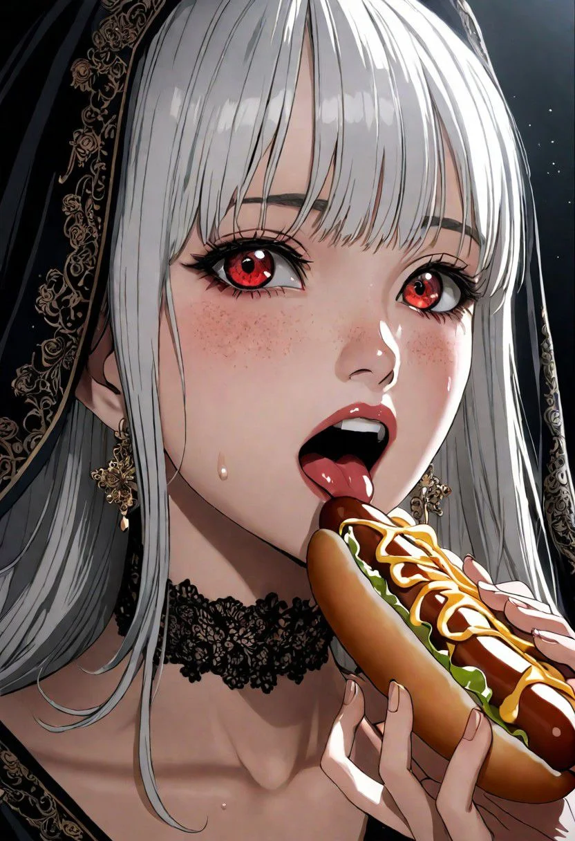 1girl, holding a hotdogs in her hands near her mouth, open mouth, tongue, black veil, white hair, red eyes, winking, makeup, blushing, sweating, lips, cross earrings, choker, alluring, seductive, photorealistic anime, anime realism, solo, art style of Junji Ito, high details, intricately detailed, expressive, line art, bold and thick lines, heavy shading, cinematic angle, cinematic lighting, masterpiece, best quality
