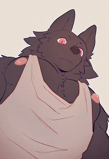 score_9_up, score_8_up, score_7_up, masterpiece, best quality, very aesthetic, highres, ultra detailed, masterpiece, best quality, newest, absurdres, highres, 2024, 2023, masterpiece, best quality, amazing quality, pec pov \(meme\), 1boy, solo, male focus, mature male, looking at viewer, looking down, from below, upper body, close-up, nipples, nipple slip, large pectorals, pectoral focus, sidepec, tank top, grey tank top, muscular, muscular male, bara, simple background, leonhoun, canine, black fur, red eyes, furry