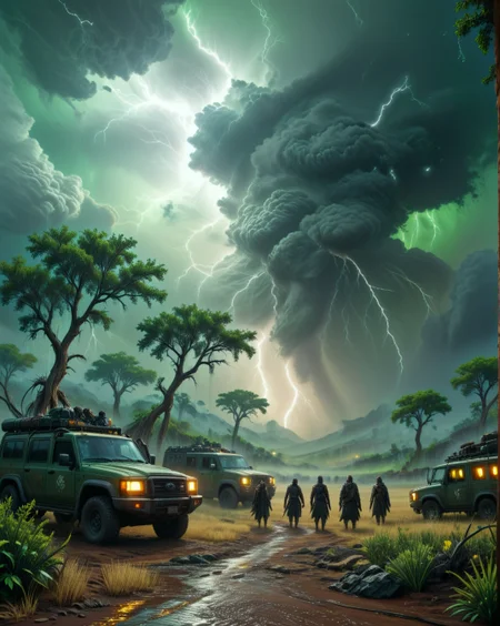 dark fantasy African savanna dotted with acacia trees under supercell thunderheads,Supercell night: Continuous lightning spiderwebbing through green-black vaults,
random group of travelers in landcscape,
<lora:ral-dark-fantasy-il:1>,apocalyptic,
<lora:extremely_detailed:0.5> extremely detailed,
<lora:DetailMaximizer:0.3>,
<lora:Dream Scenery XL:0.3> Dream Scenery,
<lora:add-detail-xl:0.5>,
detailxl