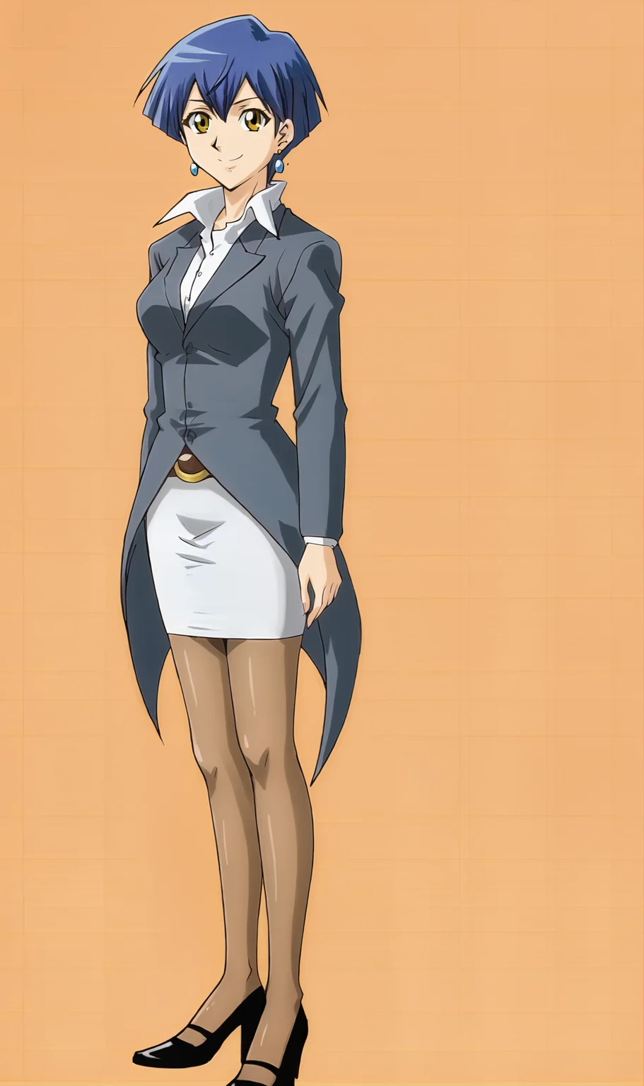 MS, 1girl, solo, blue hair, short hair, yellow eyes, earrings, white collared shirt, long grey jacket, white pencil skirt, belt buckle, black heels, brown pantyhose, orange background, blank background, simple background, standing, smile, looking at viewer, <lora:Mina Simington Pony XL:1>