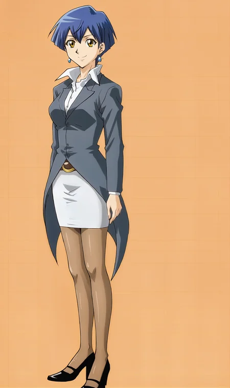 MS, 1girl, solo, blue hair, short hair, yellow eyes, earrings, white collared shirt, long grey jacket, white pencil skirt, belt buckle, black heels, brown pantyhose, orange background, blank background, simple background, standing, smile, looking at viewer, <lora:Mina Simington Pony XL:1>