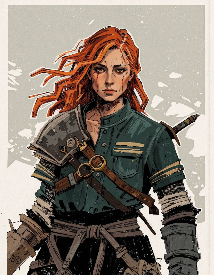 By Alex Vede. The image is a digital drawing in a dark, gritty, medieval fantasy style. The central figure is a fierce warrior woman with striking, wild, long red hair flowing dramatically in the wind. She has a stern, determined expression and piercing green eyes. She wears dark, practical armor, including a metal shoulder pad on her left shoulder and a dark green tunic with a cinched waist, secured by a belt with a sword sheath.