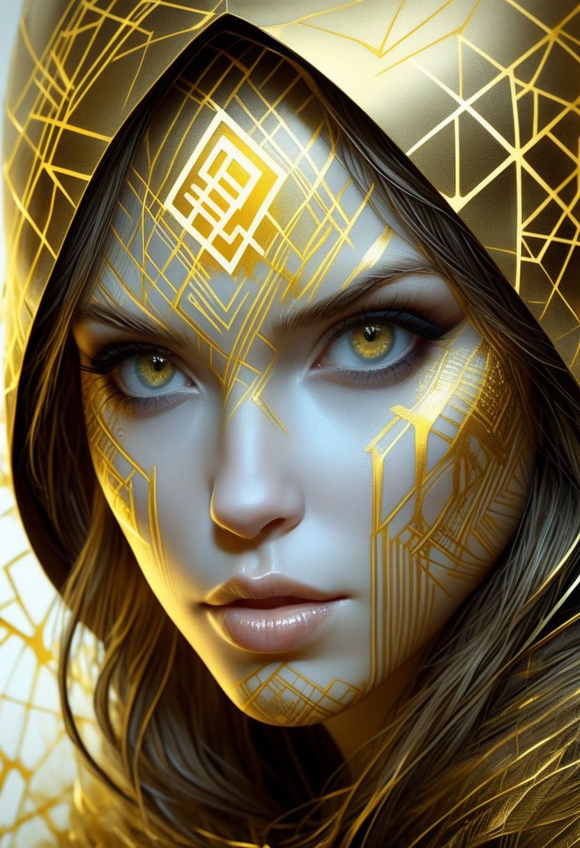 Nordic Rune letter golden on girls face, close-up, by Minjae Lee, Carne Griffiths, Emily Kell, Steve McCurry, Geoffroy Thoorens, Aaron Horkey, Jordan Grimmer, Greg Rutkowski, amazing depth, double exposure, surreal, geometric patterns, intricately detailed, bokeh,  perfect balanced, deep fine borders, artistic photorealism , smooth,  great masterwork by Suiras  <lora:add-detail-xl:2>  <lora:Double_Exposure:0.5>
