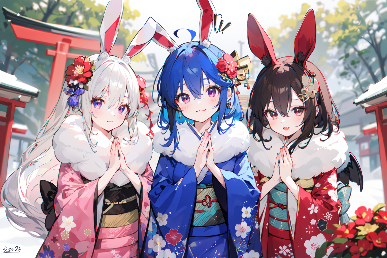 (masterpiece:1.2),best quality,PIXIV,
multiple girls,kimono,animal ears,japanese clothes,rabbit ears,shrine,cirno,own hands together,inaba tewi,donation box,flower,red kimono,reisen udongein inaba,smile,looking at viewer,3girls,blue hair,hair flower,outdoors,short hair,purple hair,:3,wide sleeves,hair ornament,day,red flower,praying,hair bow,sash,alternate costume,bow,bangs,brown hair,red eyes,sidelocks,long sleeves,blush,standing,box,obi,palms together,ice,long hair,floral print,rope,blue kimono,alternate hairstyle,holding,closed eyes,tree,torii,closed mouth,hair between eyes,brown eyes,shimenawa,rabbit,blue bow,yellow bow,black hair,ice wings,open mouth,new year,print kimono,fur collar,fur trim,wings,
<lora:happy new year_20240102112354-000018:0.8>,
