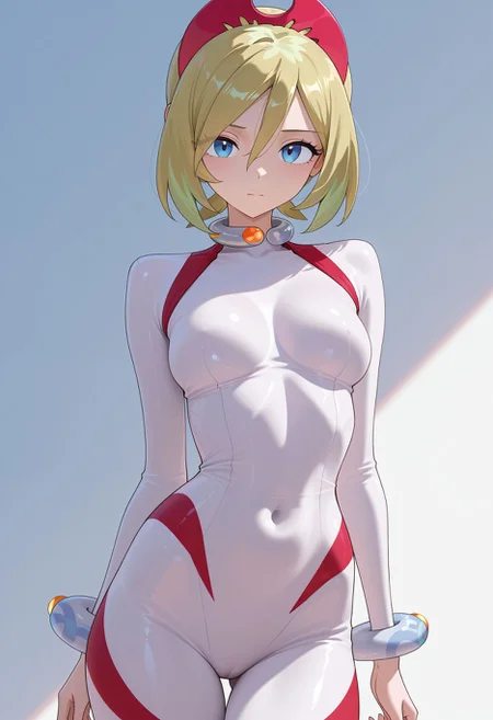 <lora:otokakoto_style_v1_IL-18:1.0> otokakoto_style, 1girl, solo, breasts, looking at viewer, short hair, bangs, blue eyes, blonde hair, hair between eyes, closed mouth, hairband, alternate costume, bodysuit, covered navel, irida (pokemon),