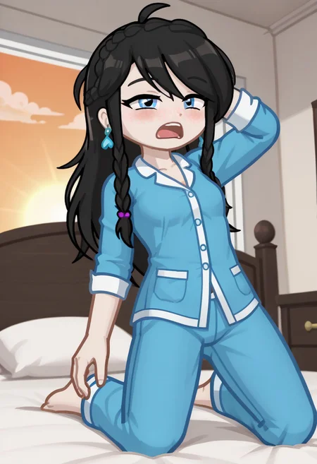score_9, score_8_up, score_7_up, score_6_up, GELUGDD, GELUGDDGacha, Gacha, girl, black hair, long hair, braid, blue eyes, blue earrings, blue pajamas, bedroom, kneeling on bed, messy bed, sunrise, god rays, yawning:1.5, sleepy:1.5, arm up, hand behind head, (arched back), (half closed eyes:1.5), from below
