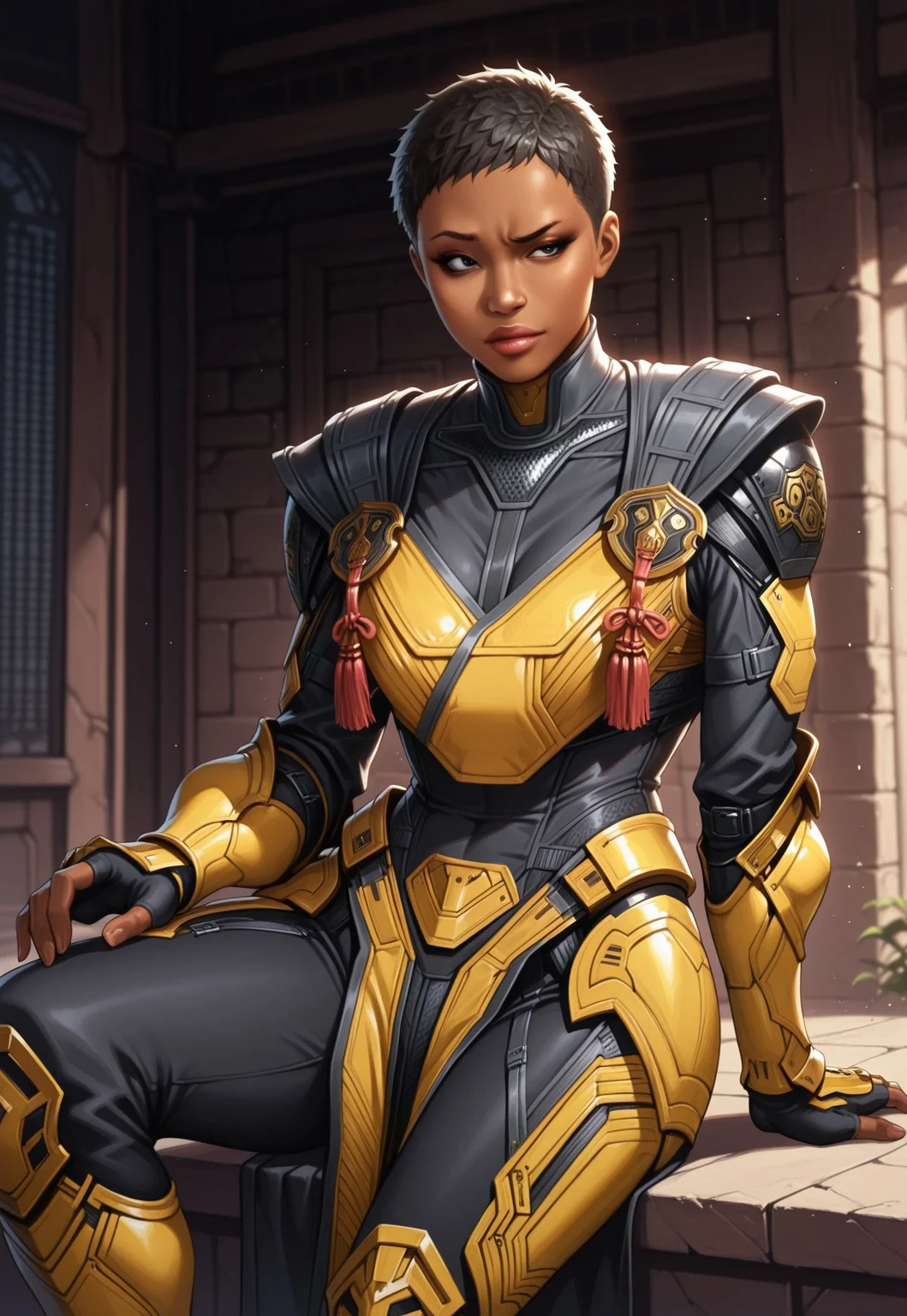 masterpiece, best quality, detailed, realistic, cowboy shot, raised eyebrow, 1girl, solo, Cyrax, dark-skinned female, very short hair, lips, black eyes, Black bodysuit, shoulder armor, breastplate, gauntlets, fingerless gloves, leg armor, pelvic curtain, knee boots, sitting, arm support,