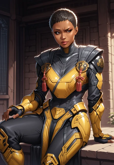 masterpiece, best quality, detailed, realistic, cowboy shot, raised eyebrow, 1girl, solo, Cyrax, dark-skinned female, very short hair, lips, black eyes, Black bodysuit, shoulder armor, breastplate, gauntlets, fingerless gloves, leg armor, pelvic curtain, knee boots, sitting, arm support,