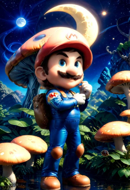Super mario style {mario eating a bioluminescent glowing mushroom, night time, starry sky, crescent moon}, vibrant, cute, 3d anime, fantasy, reminiscent of Super Mario series, highly detailed, vibes, vibrant, stunningly beautiful, crisp, detailed,  cinematic, ultra detailed, intricate, professional, full color, solo, cowboy shot, solo, short hair, brown hair, blue eyes, metallic chrome skin, metal clothes, metal mario, chromelora