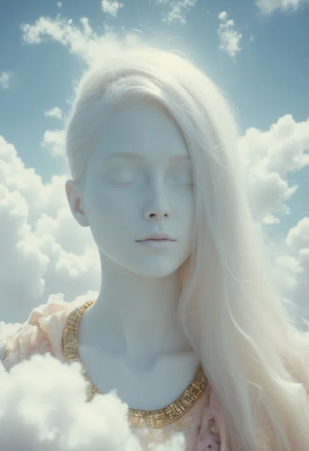 Extreme head Closeup Portrait, Polished bright White high Tech surface, m100-style, a shaded eyes muscular No Face planet-woman rising from the furnished White clouds, shiny White, blank, holy entity, charming, charming mysterious, billowing translucent White and colorful beige, golden and light pink translucent cape, photorealistic
