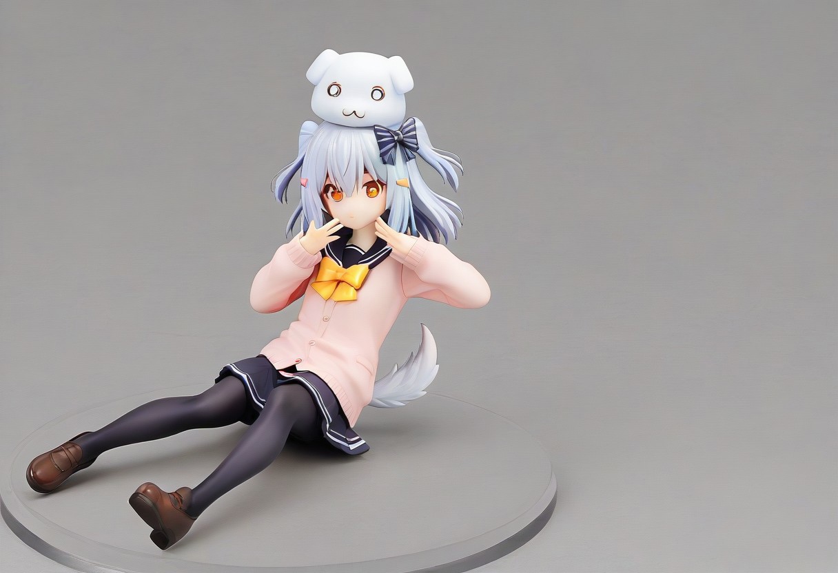 tamakiDefault, 1boy, dghd, dog hair ornament,  blue hair, grey hair, two side up, orange eyes, hair between eyes, dog tail, otoko no ko, multiple hair bows,  black bow, yellow bowtie, black skirt, black thighhighs, brown footwear, pink cardigan,