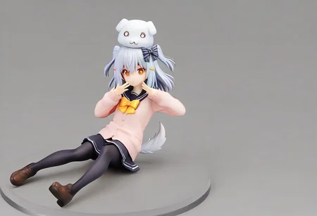 tamakiDefault, 1boy, dghd, dog hair ornament, blue hair, grey hair, two side up, orange eyes, hair between eyes, dog tail, otoko no ko, multiple hair bows, black bow, yellow bowtie, black skirt, black thighhighs, brown footwear, pink cardigan,