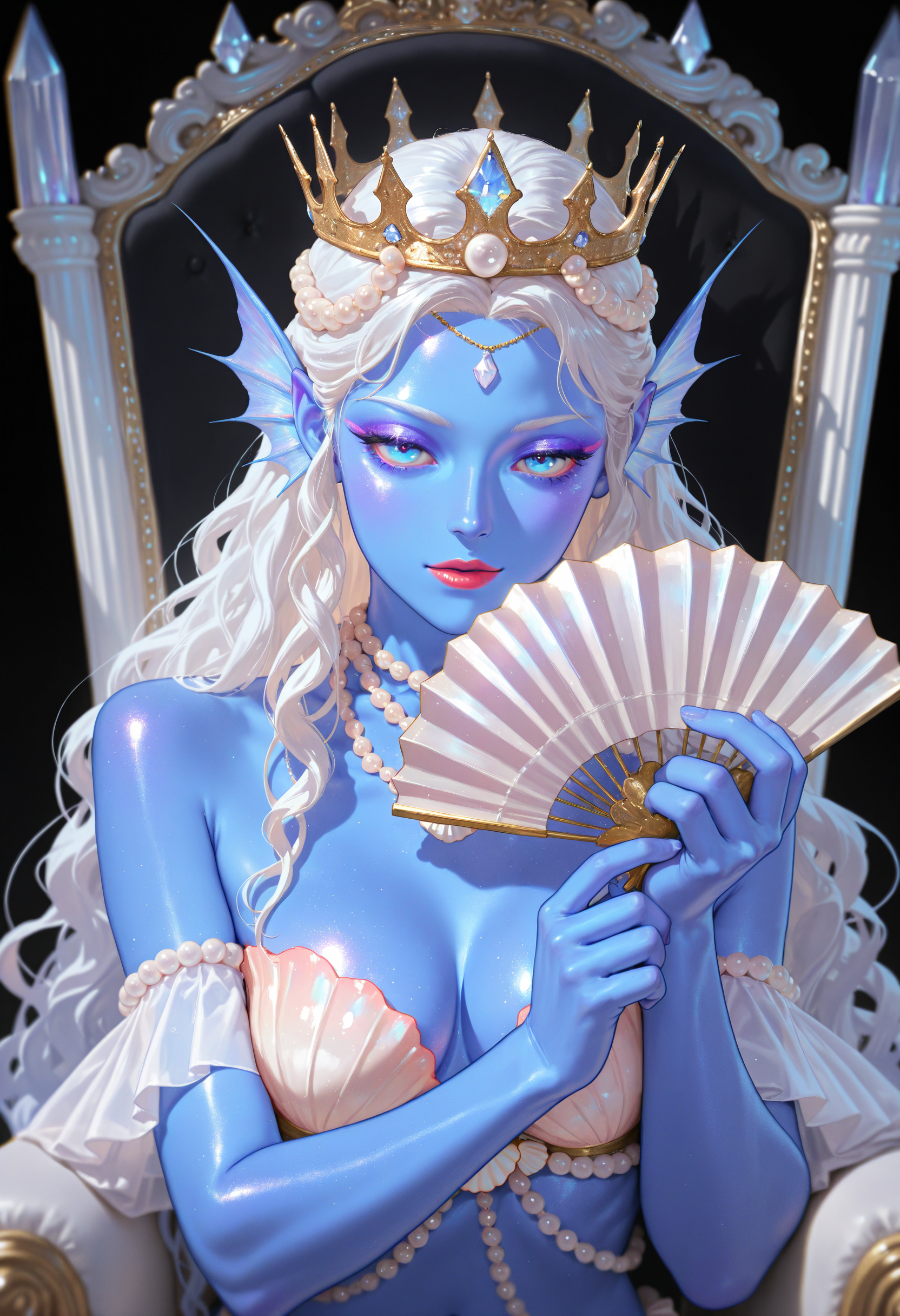(high_quality, newest, incredibly_absurdres, very aesthetic, zbrush_\(artwork\), depth_of_field, grainy_texture, digital_painting_\(artwork\), vignetting, flat_colors, anime_coloring)
(MMC-Illu, 1girl, seductive, colored skin, solo, long hair, blue skin, black background, fantasy, chair, shell, wavy_hair, headgear, crown, shiny_skin, pointy ears, beads, pearl (gemstone), pillars, crystal, diamond_\(gemstone\), makeup, white hair, monster girl, upper body, lips, holding hand fan, head fins, jewelry)