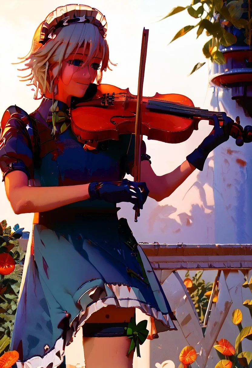 score_9, score_8_up, score_7_up, exterior, garden, fountain, flower, 1girl, solo, solo focus, cowboy shot, sky, blue background, skinny, slender, tall, standing izayoi_sakuya, Izayoi Sakuya playing violin in the garden in front of a fountain, violin, maid, smile, blue eyes, white hair, short hair, twin_braids, green bows, ribbon, blue maid uniform, white maid headdress, white apron, puffy sleeves, detached collar, wrist cuffs, gloves, thigh strap, knife, clock, pocket watch, <lora:mizucx2:1.3>
<lora:holding_violin_holding_bow_music:0.8> violin, holding violin, holding bow (music), playing instrument,
<lora:Playing Violin (pony) v1:1> playing-violin, violin, holding, bow \(music\), playing violin,
<lora:violin:0.9>