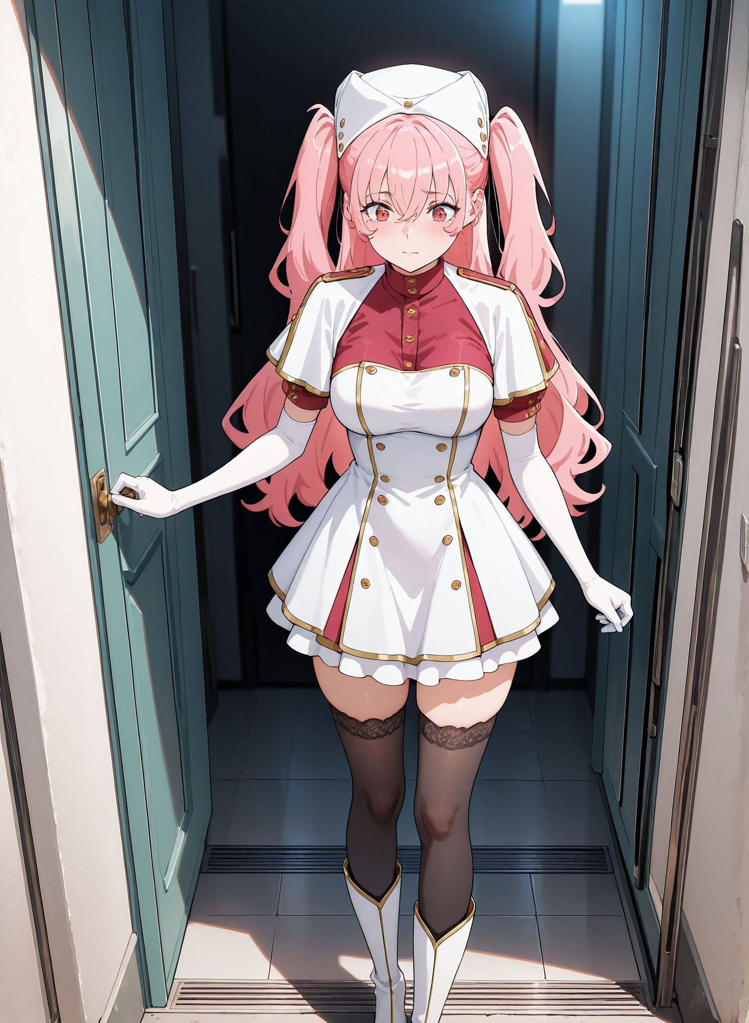 masterpiece,best quality,amazing quality,very aesthetic,absurdres,newest, huge filesize,
<lora:spo_sdxl_10ep_4k-data_lora_webui:0.5>,<lora:add-detail-xl:0.7>. 
1girl, standing, front view,
<lora:DanMachi_Heith_Velvet__Freya_Syr__Horn__Ryuu:1>
 two side up, white cap,
D_Heith Velvet, pink hair,twintails, white gloves, long hair, black   thighhighs,  ,white knee boots,   elbow gloves, (zettai ryouiki),