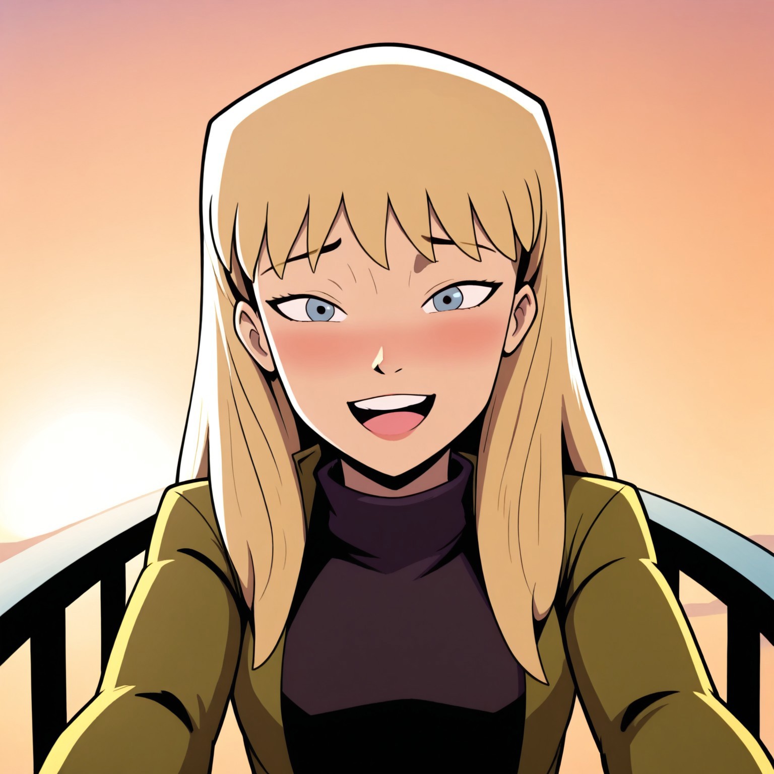 masterpiece, best quality, 32k, high resolution, absurdres,  gwen stacy, sweater, pov, looking at viewer, blush, smile, open mouth, upper teeth only, morning, bridge