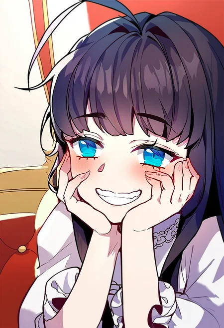 score_9,score_8_up,score_7_up,source_anime,zPDXL3,
*//*,<lora:BlancheFreidkin_v1.0:1.1>,blanche_freidkin1girl,blue eyes,black hair,long hair,hair intakes,ahoge,white dress,
*//*,upper body,dutch angle,hands on own cheeks,blush,grin,