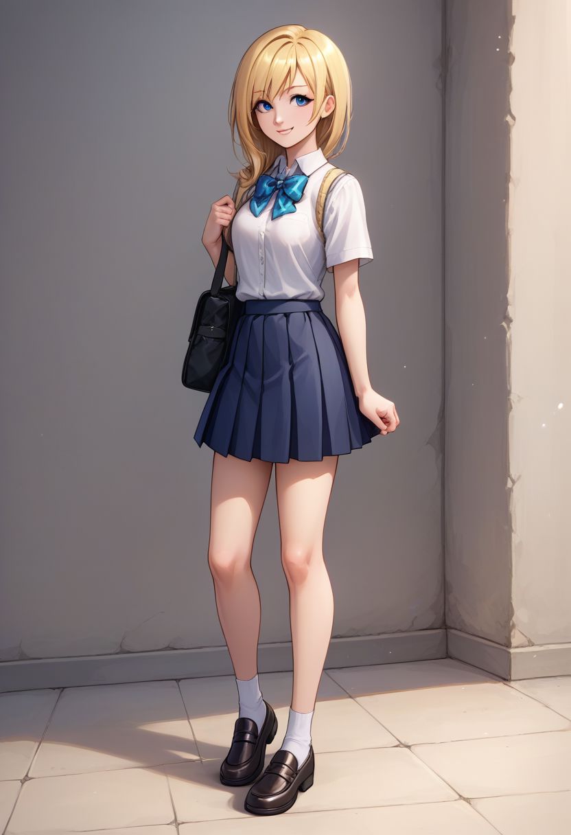 score_9, score_8_up, source_anime, highly detailed, 1girl, 
namine, 1girl, solo, blonde hair, blue eyes, smile, full body, school uniform, skirt, standing,