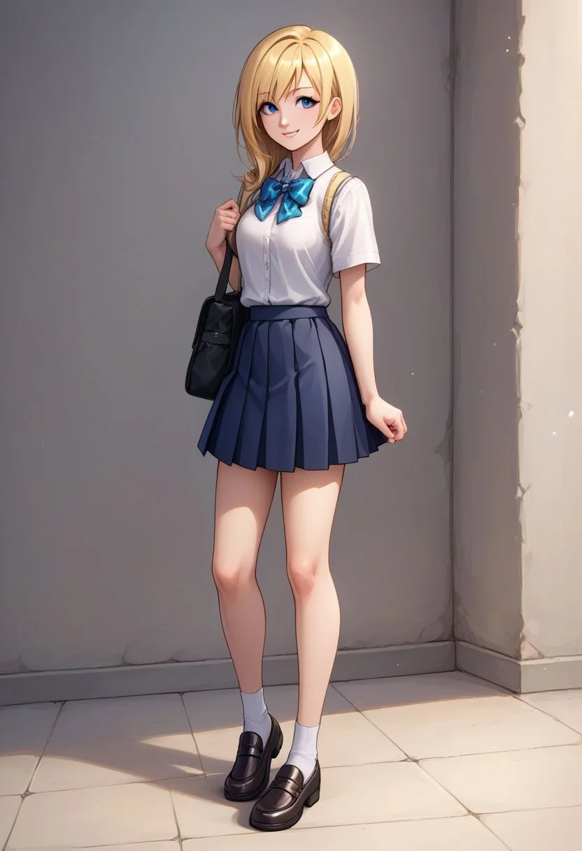 score_9, score_8_up, source_anime, highly detailed, 1girl,
namine, 1girl, solo, blonde hair, blue eyes, smile, full body, school uniform, skirt, standing,