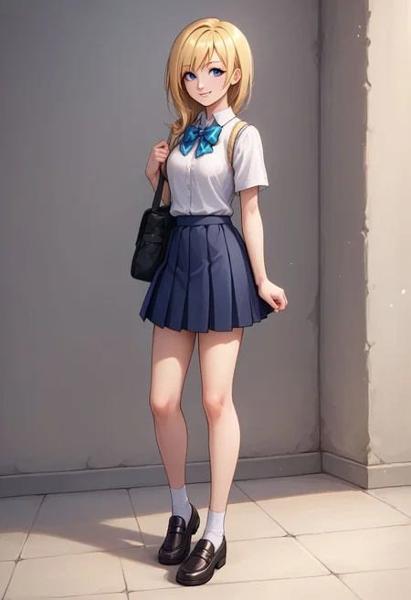 score_9, score_8_up, source_anime, highly detailed, 1girl,
namine, 1girl, solo, blonde hair, blue eyes, smile, full body, school uniform, skirt, standing,