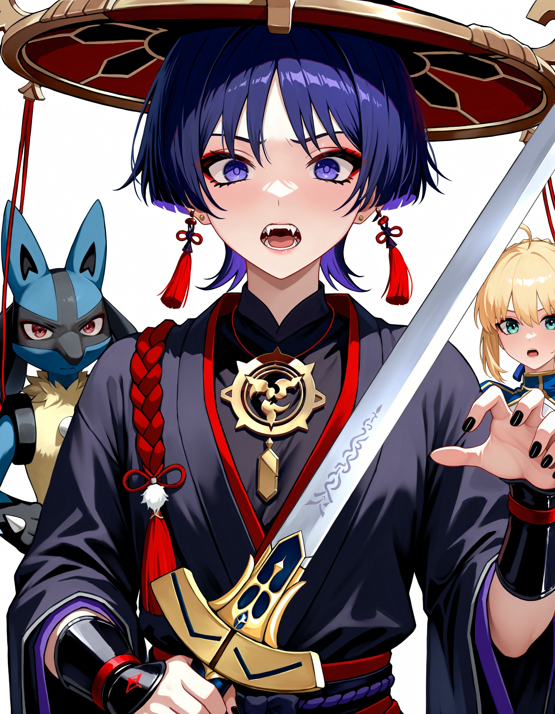 masterpiece, best quality, newest, highres, absurdres, 
1girl, 1boy, saber \(fate\), scaramouche \(genshin impact\),
amazing quality, very awa, 1 lucario, sword, armor, makeup, shirt, bob cut, red eyeshadow, weapon, open mouth, purple hair, black nails, fangs, tassel earrings, eyebrows hidden by hair, necklace, japanese clothes, holding, looking at viewer, hat, jewelry, holding sword, holding weapon, short hair, eyeshadow, tassel, black shirt, purple eye, alternate costume, upper body, kote, blonde hair, teeth, earrings
