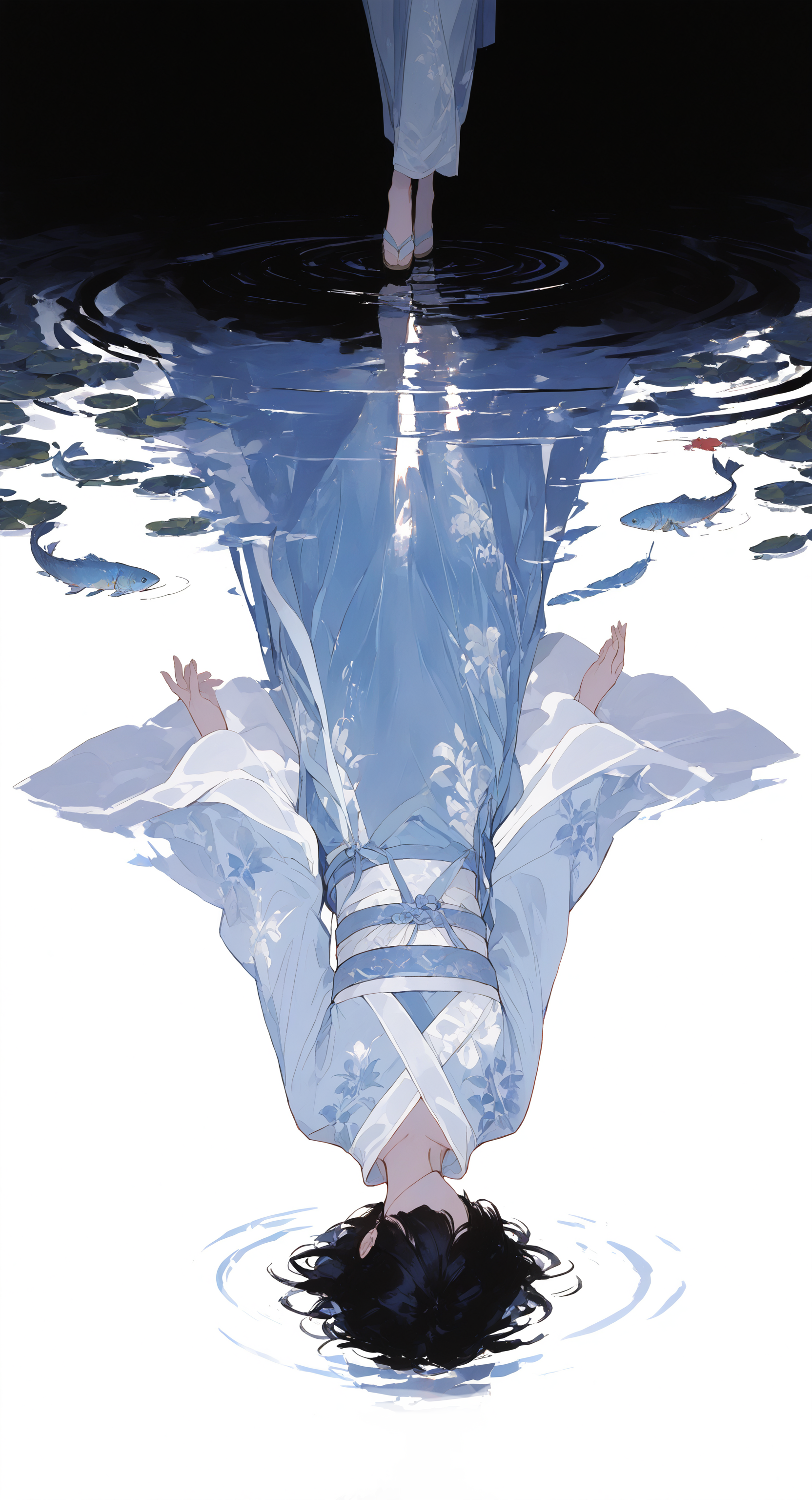 masterpiece, best quality, Good quality, very aesthetic, absurdres, newest, 1girl, solo, short hair, black hair, long sleeves, white background, standing, hanfu, wide sleeves, water, sash, sandals, floral print, obi, feathers, two-tone background, faceless, fish, reflection, walking, upside-down, blue hanfu, print hanfu, ripples, zouri, faceless female, reflective water, different reflection, walking on liquid <lora:ponyv4_noob1_2_adamW-000017:0.7> <lora:748cmSDXL:1> <lora:GBF_Illustrious:0.6>