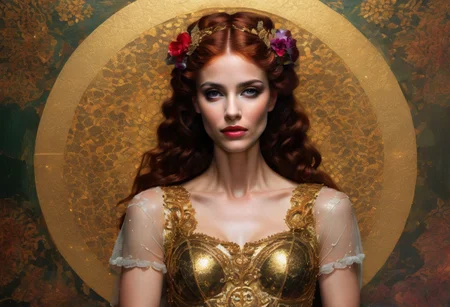aidmafluxpro1.1,
A masterpiece of (idol girl ink painting full body capture) style created by the collaboration of Gustav Klimt and Eugene Delacroix.
The masterpiece combines the opulent ornamental elements of Gustav Klimt’s gold-laden style with the vivid emotional intensity of Eugene Delacroix’s expressive brushwork.
**Lighting:**
- Soft, diffused lighting from above creates a gentle glow that highlights the ornate details and textures.
- Shadows are cast diagonally across each material interval, emphasizing depth and contrast.
**Color Palette:**
- Rich, jewel-toned colors dominate the palette, with deep reds, vibrant greens, and golds interwoven throughout the composition.
- The use of metallic gold and reflective surfaces in Klimt’s style contrasts with the organic, painterly brushstrokes of Delacroix, creating a harmonious blend.
**Overall Composition:**
,HD32K,hyperdetailed,best quality,