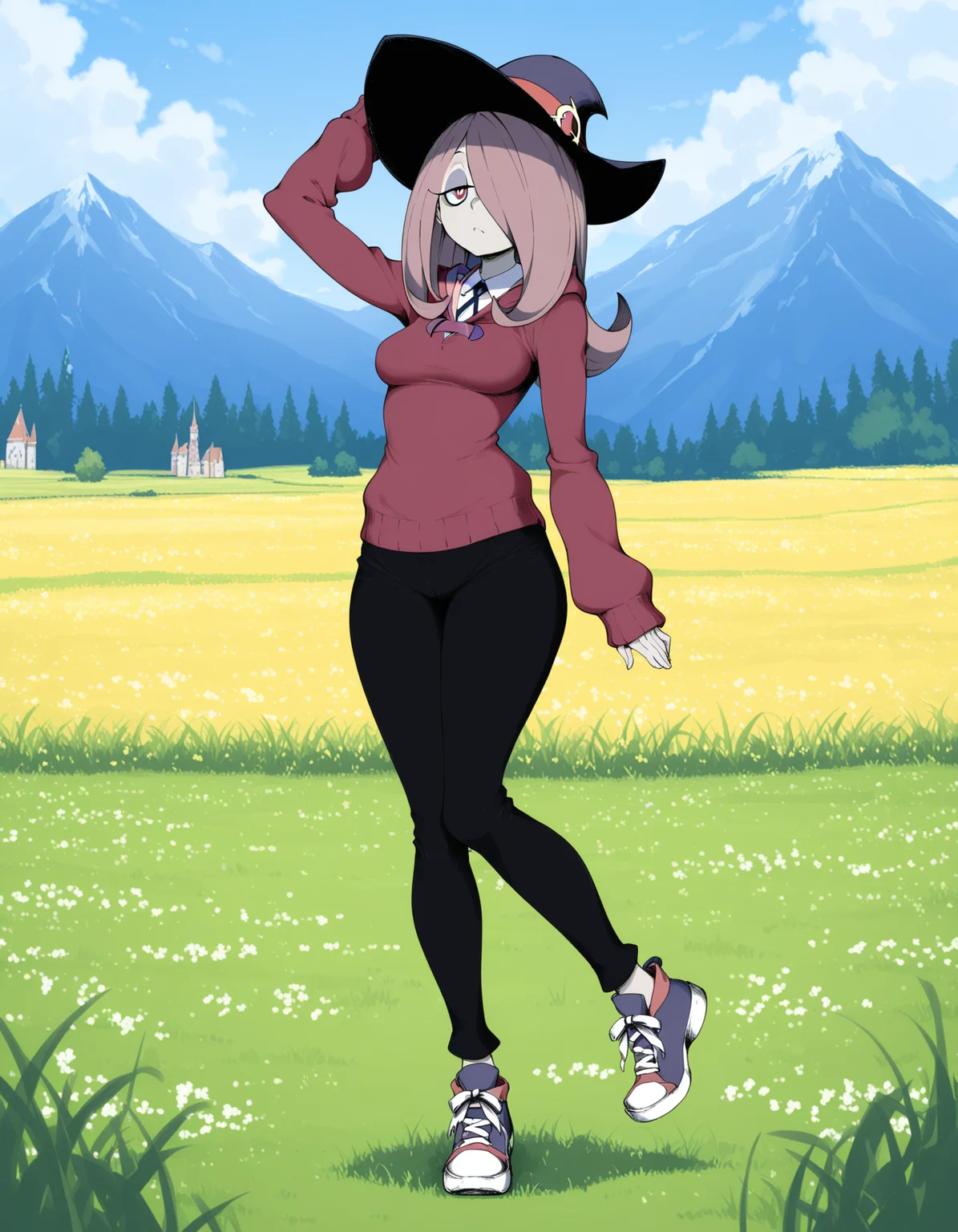 pkkuro, female character concept,fabulous artwork,best quality,high resolution,Low and wide breasts,Narrow-hipped body,split-complementary color,Red sweater,black pants,and sneakers,Hand on hat brim,Serene meadow,Sucy Manbavaran from Little Witch Academia
