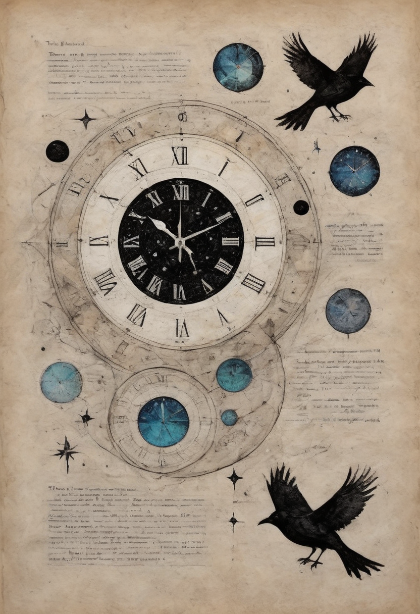 eclectic mixed media ink on pale mottled parchment with accent color wash and white highlights collage illustration of time folds and relationships stretch dreams are a mosaic path I tread watched over by blackbirds and stars textures of pasted fabrics annotated illustration