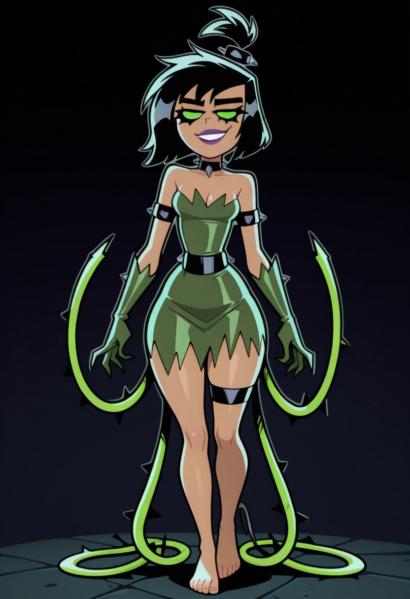 1girl, solo, Possessed Sam Manson, sam manson, black garter, punk hairtie, green tube dress, ragged clothes, green opera gloves, choker, tan skin, small breasts, wide hips, bare collarbone, bare thighs, bare legs, bare feet, cleavage, bare shoulders, runny mascara, solid green eyes, goth girl, barefoot, topknot, short hair, black hair, punk hairtie, wild hair, evil eyes, teasing, sexy, posing, tendrils, smug, purple lips, slim waist, curvy
