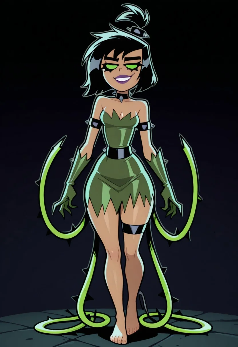 1girl, solo, Possessed Sam Manson, sam manson, black garter, punk hairtie, green tube dress, ragged clothes, green opera gloves, choker, tan skin, small breasts, wide hips, bare collarbone, bare thighs, bare legs, bare feet, cleavage, bare shoulders, runny mascara, solid green eyes, goth girl, barefoot, topknot, short hair, black hair, punk hairtie, wild hair, evil eyes, teasing, sexy, posing, tendrils, smug, purple lips, slim waist, curvy