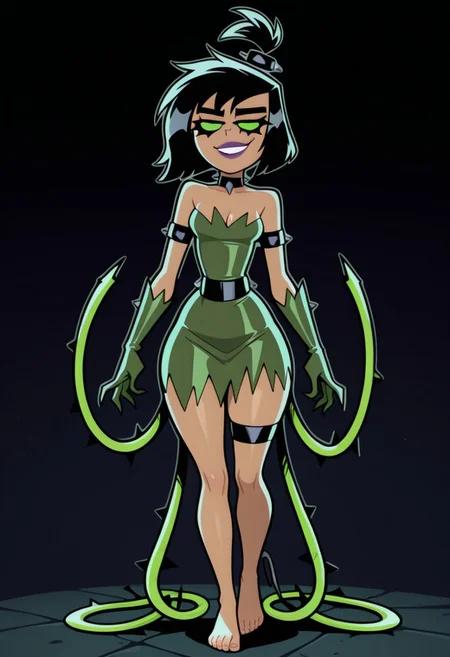 1girl, solo, Possessed Sam Manson, sam manson, black garter, punk hairtie, green tube dress, ragged clothes, green opera gloves, choker, tan skin, small breasts, wide hips, bare collarbone, bare thighs, bare legs, bare feet, cleavage, bare shoulders, runny mascara, solid green eyes, goth girl, barefoot, topknot, short hair, black hair, punk hairtie, wild hair, evil eyes, teasing, sexy, posing, tendrils, smug, purple lips, slim waist, curvy