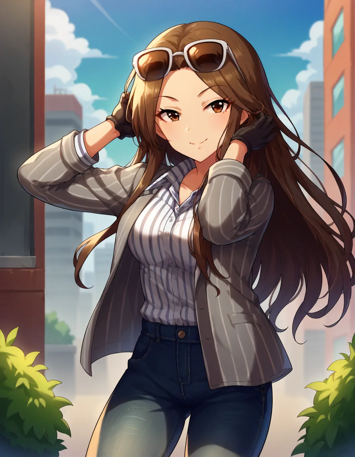 score_9,score_8_up,score_7_up,1girl,solo,cowboy shot,looking at viewer,smile,hand in own hair,outdoors,city,
<lora:komurochinami_ponyXLV6:0.8>,cgkcn,brown hair,long hair,brown eyes,
sunglasses on head,vertical-striped collared shirt,gray jacket,black gloves,jeans