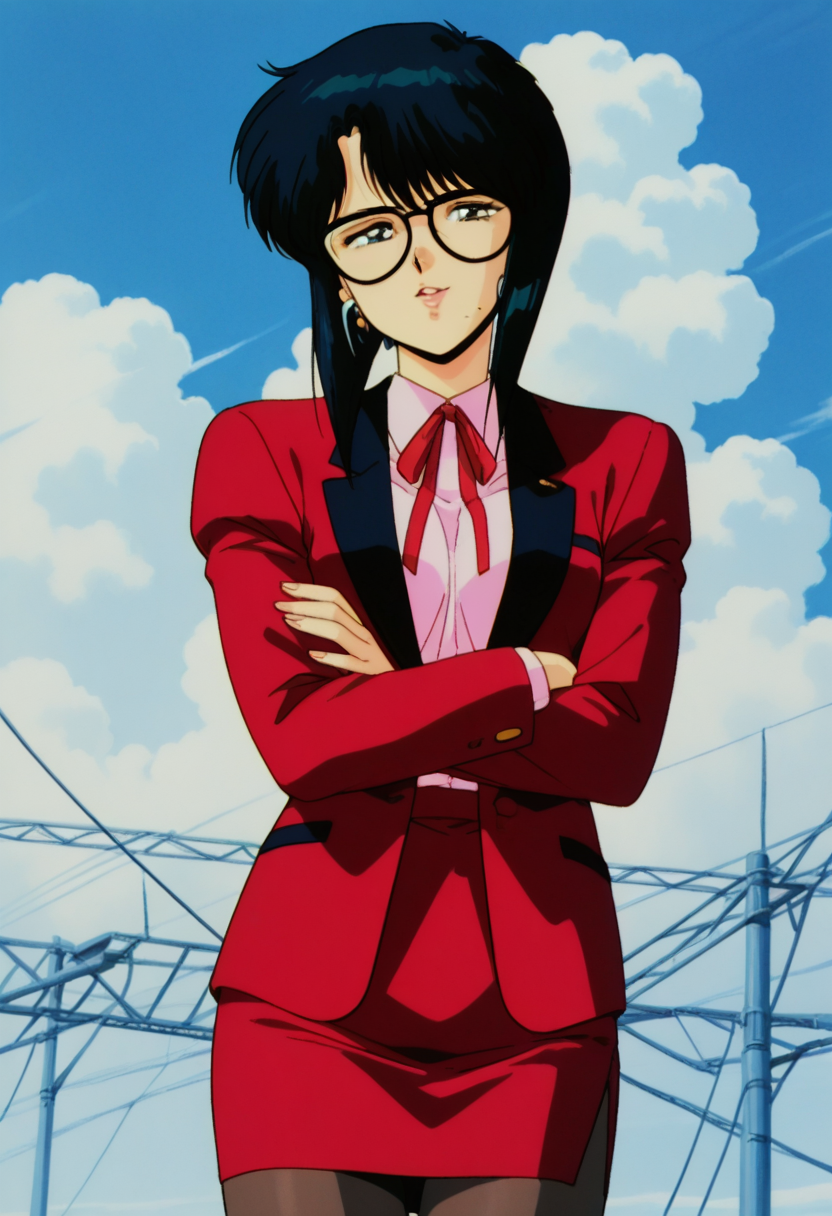 masterpiece, best quality, source_anime,official art,perfect_anatomy,1990s_\(style\),retro_artstyle,1girl,solo,Memory Gene,glasses,black hair,mole,ribbon,ribbon,pink shirt,red jacket,long sleeves,crossed arms,skirt,looking_at_viewer,smile,lips,pantyhose,day,blue_sky,cloud