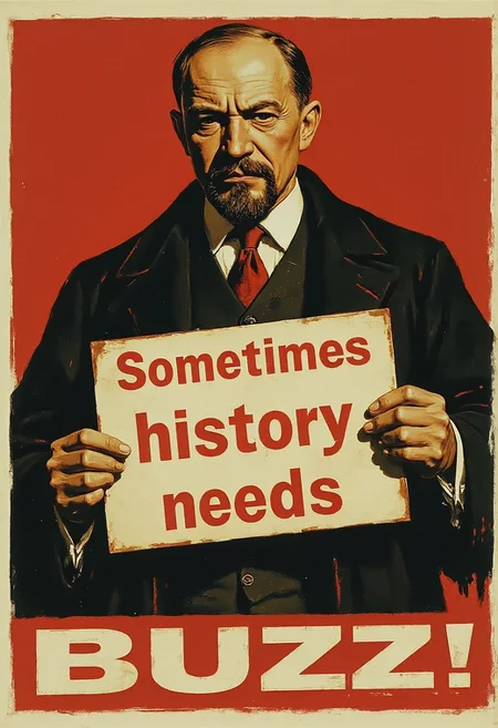 A poster from a vintage revolutionary communist art magazine, socialist realism, provocative, Vladimir Lenin as a dishonest politician holding a sign reading "Sometimes history needs BUZZ!"