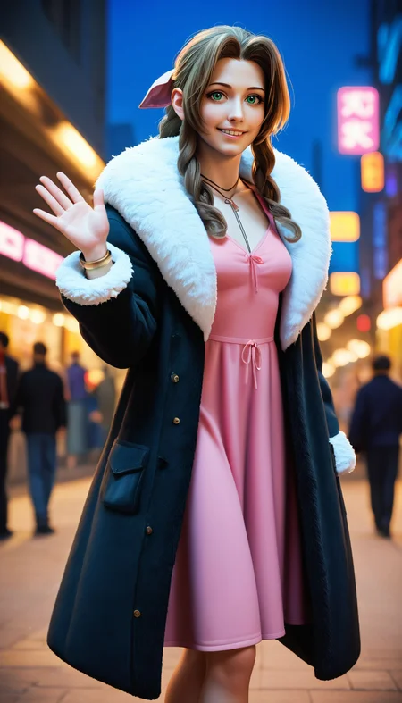 zPDXL3, <lora:FurCoat:.6>black coat, fur coat, plush texture,
aerith gainsborough, green eyes, brown hair, pink dress, looking at viewer, smiling, standing, waving, outside, city, street, night time, neon lighting, crowd,