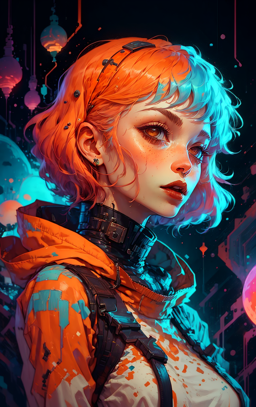 <lora:ultimaDark:1>, a Event shot of 1woman of 40yo (Lida Korgay:1.3), Pixie hair, Oasis Mansard Roof,Coral Bleaching,Neon Sign, <lora:Cosmic anime-oil fusion v2:1>