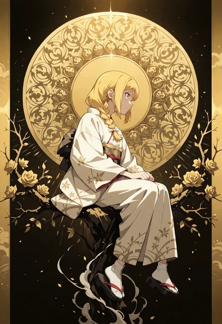 masterpiece, best quality, amazing quality, very aesthetic, absurdres, newest, ,ray tracing, s4bit4mago_illu,anime style, anime screencap, anime coloring, golden_ornate_background, golden theme, monogatari_style, bold lines, sharp,
1girl, blonde, kimono, white kimono, print kimono, braided hair, socks, yellow eyes, sitting, side view,
Golden theme, golden_ornate_background, abstract, smoke, traditional art, branches, ornate, drawing, line art, dark theme,
<lora:NOOB_vp1_detailer_by_volnovik_v1:3> <lora:Ornate_gold:0.6> <lora:S4bit4mago:0.6> <lora:monogatari_style_IllustriousXL:0.4> <lora:ponyv3_ill01_2_adamW:0.6> <lora:anime_screencap:0.4>