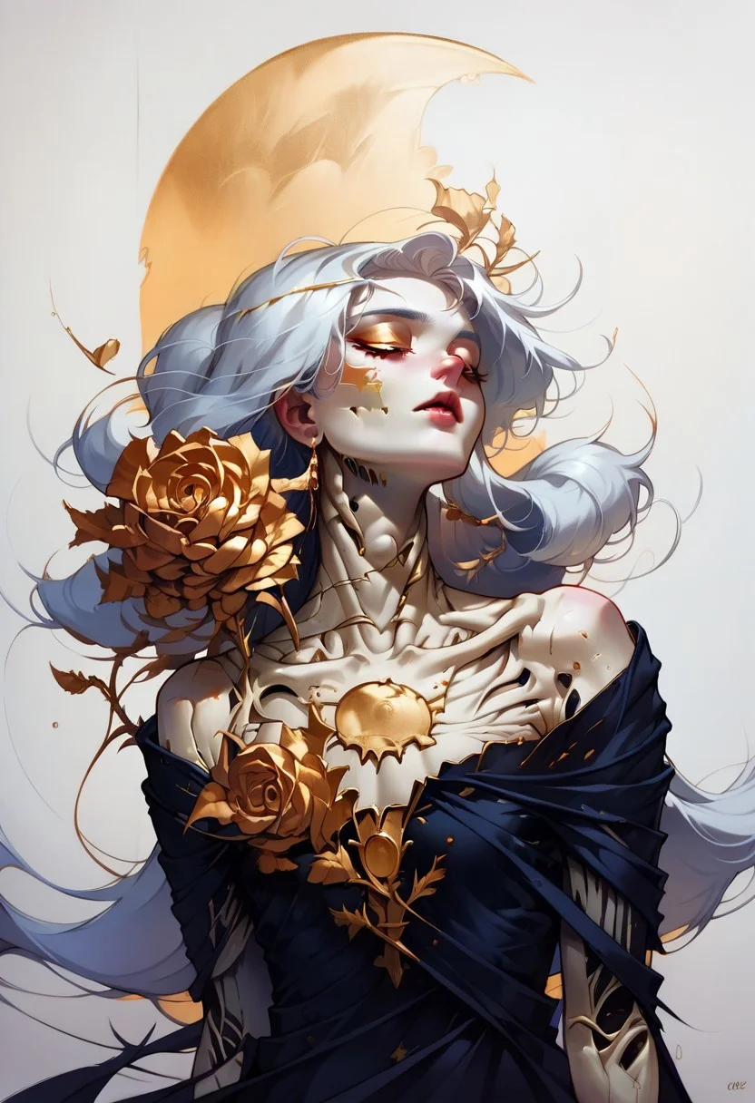 score_9, score_8_up, score_7_up, score_6_up, score_5_up, score_4_up, <lora:g0ldl34fXLP:0.8> g0ldl34f, 1girl, extremely beautiful, elegant moon princess, very long white hair, flowing hair, (ribs showing, bones, exposed bones), flowing ethereal gown, gold roses, white background,