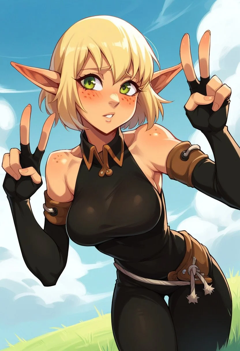 score_9, score_8_up, score_7_up, 1girl, Evaxl, blonde hair, pointy ears, green eyes, sidelocks, short hair, collar, black leotard, bare shoulders, elbow gloves, fingerless gloves, belt, dutch angle, leaning forward, cowboy shot, v sign, parted lips, freckles, blush, sky, grass