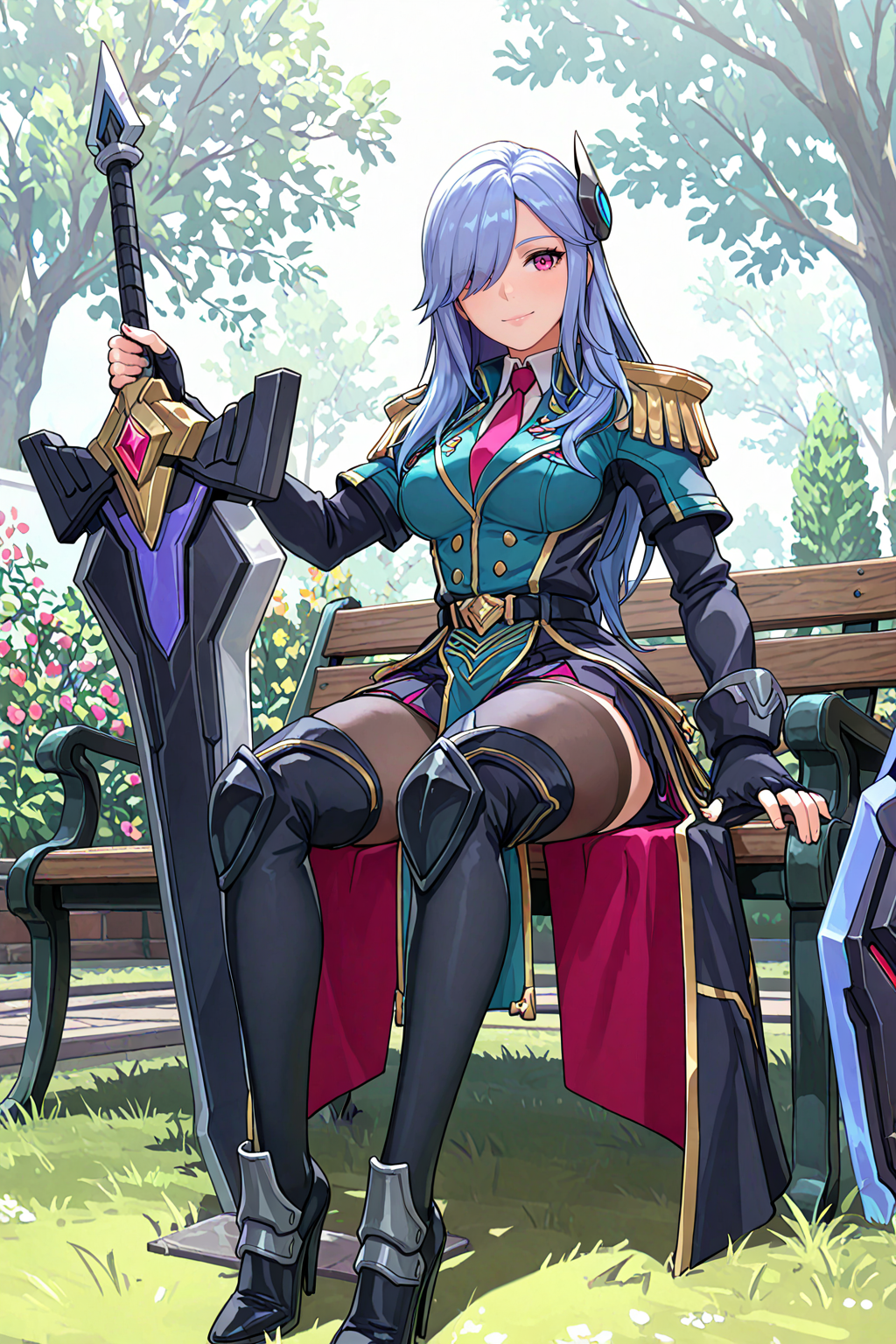 masterpiece, good quality, best quality, very awa, very as2, absurdres, highres, 3d
 <lora:Battle Academia LeonailluLoRA:1>BacaLeona, long hair, bangs, hair over one eye, hair ornament, epaulettes, necktie, collared Shirt, jacket, long sleeves, fingerless gloves, belt, waist cape, pelvic curtain, skirt, pantyhose, thighhighs, knee pads, high heels, military uniform, planted sword, planted shield, garden, school, smile, sitting, bench