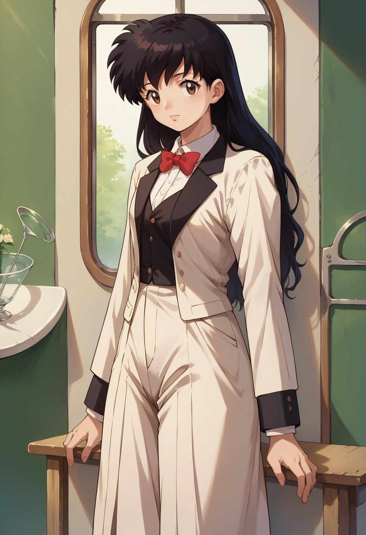 score_7, score_8_up, score_7_up, source_anime, 1girl, solo, looking at viewer, <lora:EPinKagumeSDXL-13:1.0>, EPinKagome, black hair, brown eyes, long hair, detailed background, tuxedo, bowtie, cowboy shot, indoors, [living room|kitchen|bed room|classroom|bath room| train interior| car interior|bus interior|bus stop|train station|changing room| stairwell]