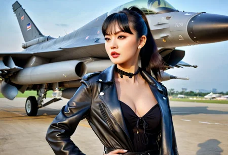 (21yo Jannine Parawie Weigel Ploychompoo (@jannineweigel) Wear a black lingeries bra But wore only a shiny leather jacket and leather trousers, ray ban teardrop sunglasses, Block Heel Tie Thigh High Boots, (Bangs), (smooth black hair, and tied in a ponytail, leather collar:1.3), detailed background, good anatomy, (perfect face, perfect eyes, eyes focus on a viewer, dynamic pose, Realistic, hyperrealistic, extreme portrait closeup shot:1.4), HDR 16K, masterpieces, top quality, best quality, official art, 8k, (background is Royal Thai Air Force airport including thailand F16 and thailand
rippen jet hangar:1.2),The jacket does not zip up, floating hairs,
((Compose the image to primarily focus on the girl model, showing her body up to hips Then gradually incorporate other background elements such as jet airplanes), (It is not necessary to see something focus on the upper half of the girl model):1.4), focus on the model's face,
(35mm, F/2.8) (insanely detailed and intricate, hypermaximalist, elegant, beautiful, revealing, appealing, attractive, amative, hyper realistic, super detailed, <lora:EdobF16_v1.0:0.8>